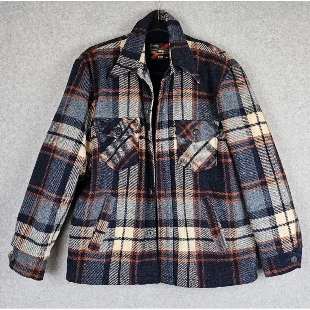 70s Sears Wool Plaid Barn Sherpa Fleece Lined Shirt Jacket Coat Sz 40